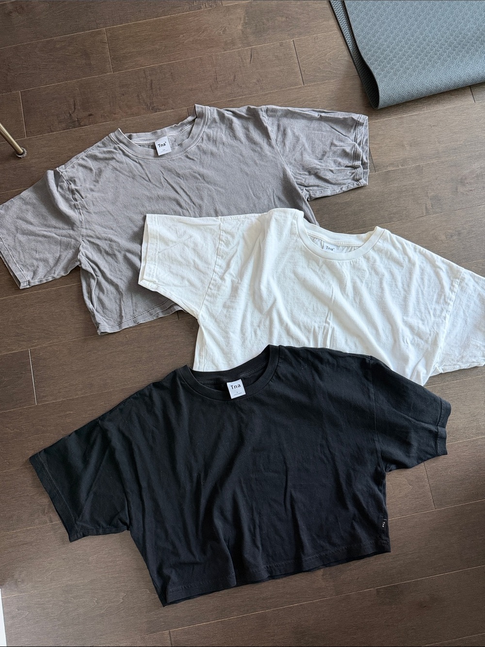 TNA Cropped Crewneck Tee Trio in Black, White & Gray